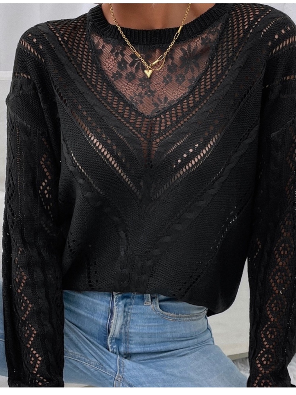 SHEIN Black Light Weight sweater w/Lace feature - Picture 3 of 6